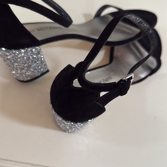 Stuart Weitzman sandals Black & Silver Glitter block Heels Ankle Straps 10 1/2